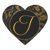 Monogram I Gold and Black Damask Wedding Seal Sticker