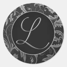 Monogram L Silver and Black Damask Wedding Seal Round Sticker