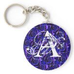 Monogram Letter A Blue Roses Keychain