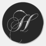 Monogram Letter H Sliver On Black Wedding Seal Stickers