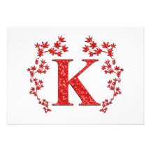Monogram Letter K Red Leaves Personalized Announcement