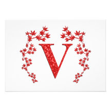 Monogram Letter V Red Leaves Custom Announcement