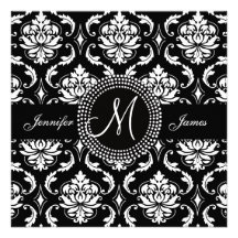 Monogram M Damask Black Wedding Invitations