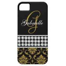 Monogram Name Black Gold Damask iPhone 5 Case