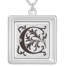 Monogram Necklace with floral and dots - Letter C