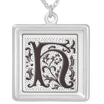 Monogram Necklace with floral and dots - Letter H