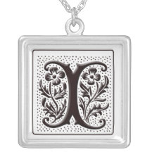 Monogram Necklace with floral and dots - Letter I