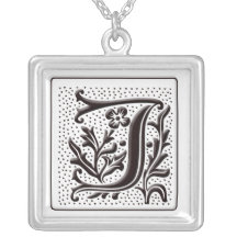 Monogram Necklace with floral and dots - Letter J