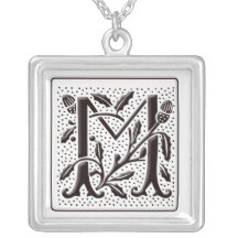 Monogram Necklace with floral and dots - Letter M