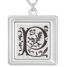 Monogram Necklace with floral and dots - Letter P