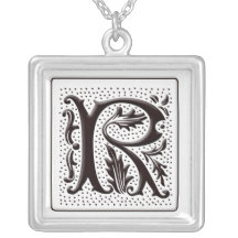 Monogram Necklace with floral and dots - Letter R