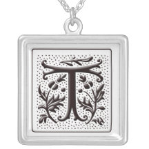 Monogram Necklace with floral and dots - Letter T