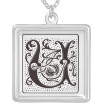 Monogram Necklace with floral and dots - Letter U