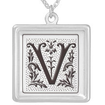 Monogram Necklace with floral and dots - Letter V