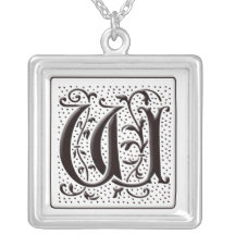 Monogram Necklace with floral and dots - Letter W