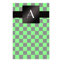 Monogram neon green and black checkers stationery paper