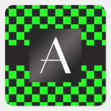 Monogram neon green and black checkers square stickers