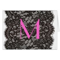 Monogram note card, pink on black lace