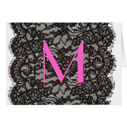 Monogram note card, pink on black lace