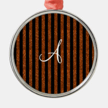 Monogram orange glitter stripes christmas ornament