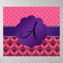 Monogram pink damask and diamonds posters
