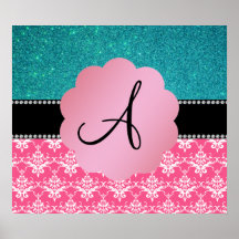 Monogram pink damask turquoise glitter print