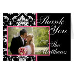 Monogram Pink Damask Wedding Photo Thank You Card