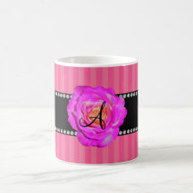 Monogram pink stripes hot pink rose coffee mug