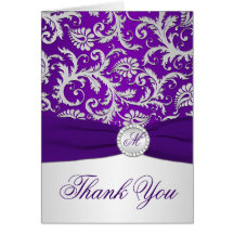 Monogram Purple and Silver Damask Thank You Card