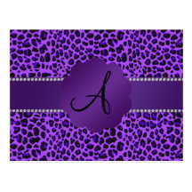 Monogram purple leopard pattern post cards
