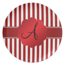 Monogram red and white stripes party plate