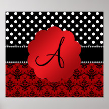 Monogram red damask black polka dots print