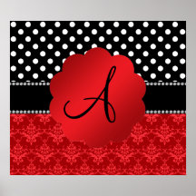 Monogram red damask white polka dots poster