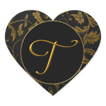 Monogram T Gold and Black Damask Wedding Seal Stickers