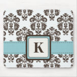 Monogram Tiffany Blue and Brown Damask Mouse Pad