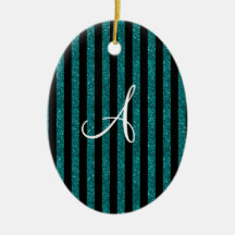 Monogram turquoise glitter stripes christmas ornaments
