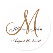 Monogram Wedding Initial Bride Groom Brown Seal Round Sticker