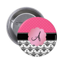 Monogram white damask pink polka dots