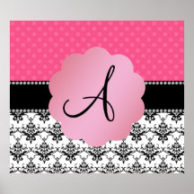 Monogram white damask pink polka dots posters