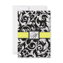 Monogram Yellow & Black Damask Wedding RSVP Cards