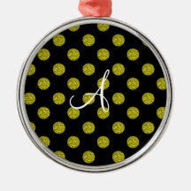 Monogram yellow glitter polka dots christmas ornaments