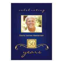 Monogramed 50th Birthday Party Inivitations - Blue Personalised Announcement