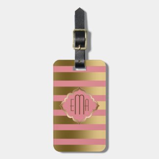 Monogramed Gold Stripes & Pink Geometric Pattern Travel Bag Tags