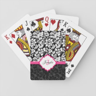 Monogrammed Black And White Damask Pink Stripe Card Deck