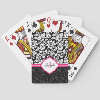 Monogrammed Black And White Damask Pink Stripe Card Deck