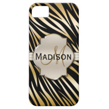 Monogrammed Black Gold Zebra Print Pattern iPhone 5 Cover