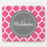 Monogrammed Bright Pink & Grey Quatrefoil Mouse Pad
