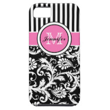 Monogrammed Pink, Black, White Striped Damask iPhone 5 Cases