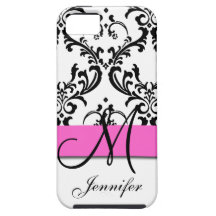 Monogrammed Pink Black White Swirls Damask