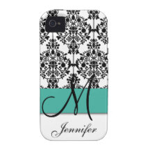 Monogrammed Turquoise Black White Floral Damask Case For The iPhone 4